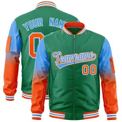 Kelly Green Powder Blue-Orange Raglan Gradient Varsity Full-Zip Letterman Bomber Jacket 1