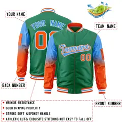 Kelly Green Powder Blue-Orange Raglan Gradient Varsity Full-Zip Letterman Bomber Jacket 2