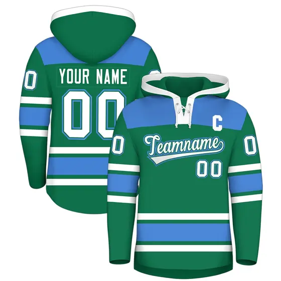 Kelly Green Powder Blue Raglan Lace-Up Neck Hockey Hoodie Jersey