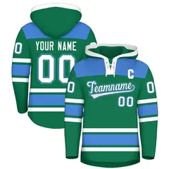 Kelly Green Powder Blue Raglan Lace-Up Neck Hockey Hoodie Jersey 1