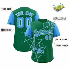 Kelly Green Powder Blue Spider Web Raglan Baseball Jersey 2