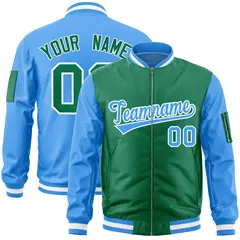 Kelly Green Powder Blue Two-Tone Varsity Full-Zip Letterman Bomber Jacket