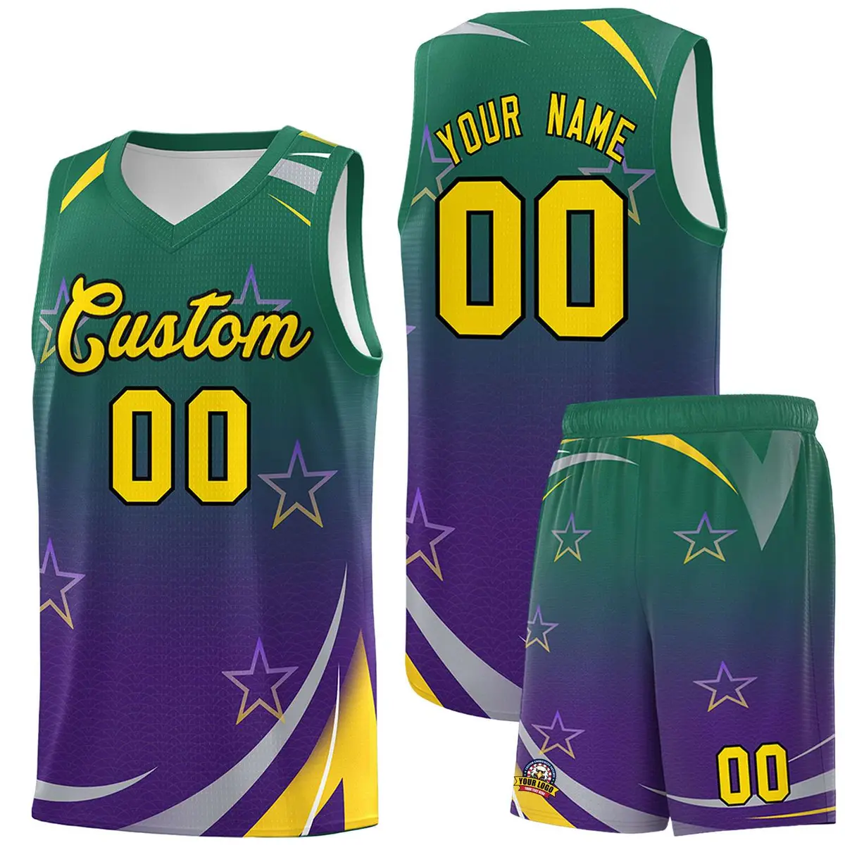 Kelly Green Purple Gradient Star Graffiti Basketball Jersey
