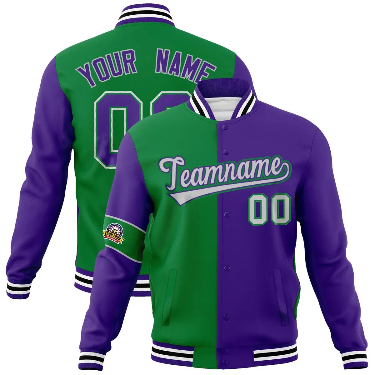 Kelly Green Purple-Gray Two Tone Split Letterman Varsity Jacket