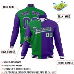 Kelly Green Purple-Gray Two Tone Split Letterman Varsity Jacket 4