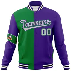 Kelly Green Purple-Gray Two Tone Split Letterman Varsity Jacket 5