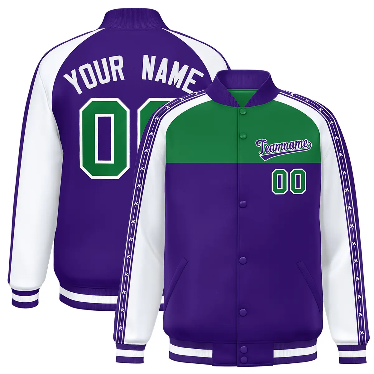 Kelly Green Purple K-Ribbon Raglan Color Block Full-Snap Letterman Jacket
