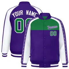 Kelly Green Purple K-Ribbon Raglan Color Block Full-Snap Letterman Jacket 1