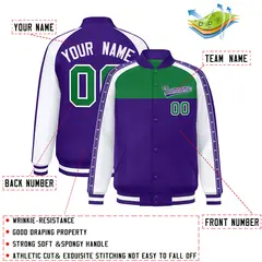 Kelly Green Purple K-Ribbon Raglan Color Block Full-Snap Letterman Jacket 2