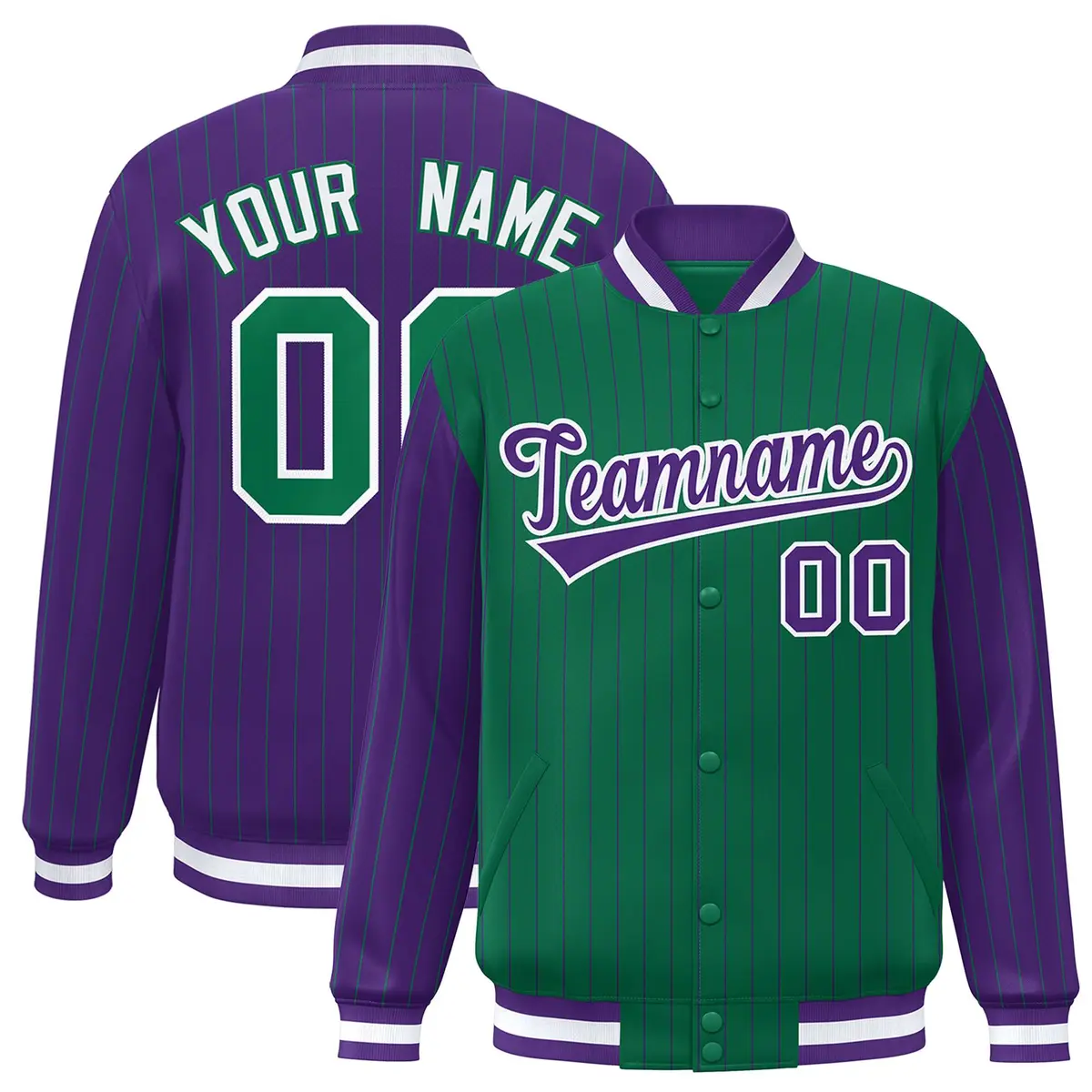 Kelly Green Purple Pinstripe Raglan Varsity Letterman Baseball Jacket