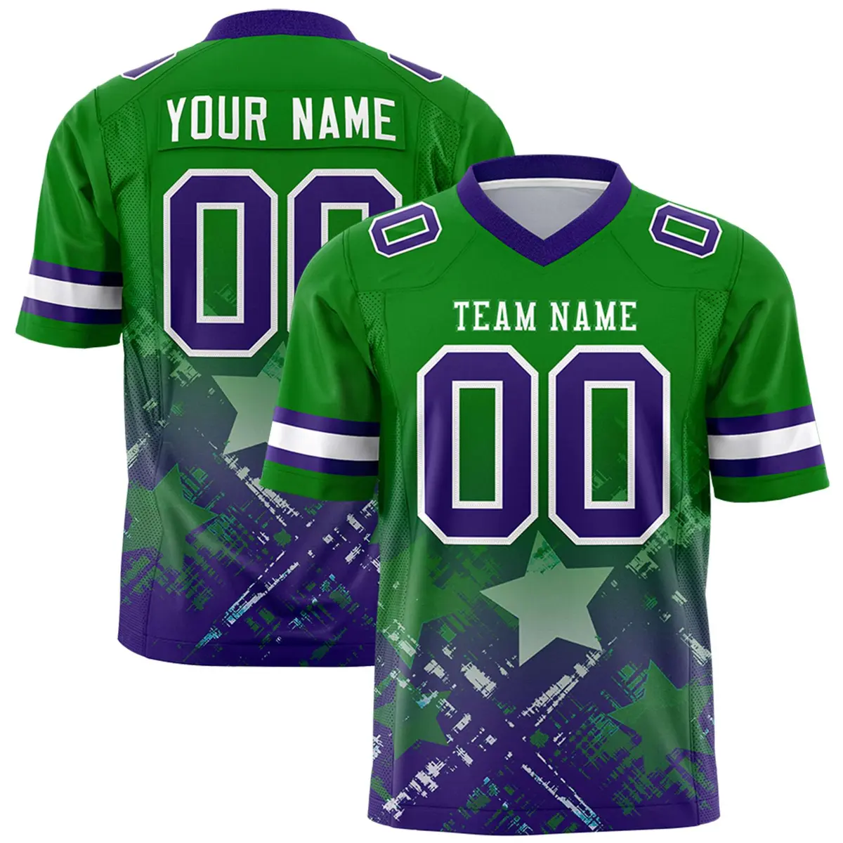 Kelly Green Purple Star Gradient Flag Football Jersey