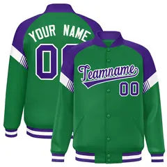 Kelly Green Purple-White Color Block Varsity Letterman Jacket