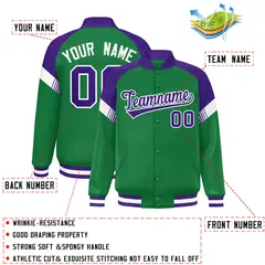 Kelly Green Purple-White Color Block Varsity Letterman Jacket 2