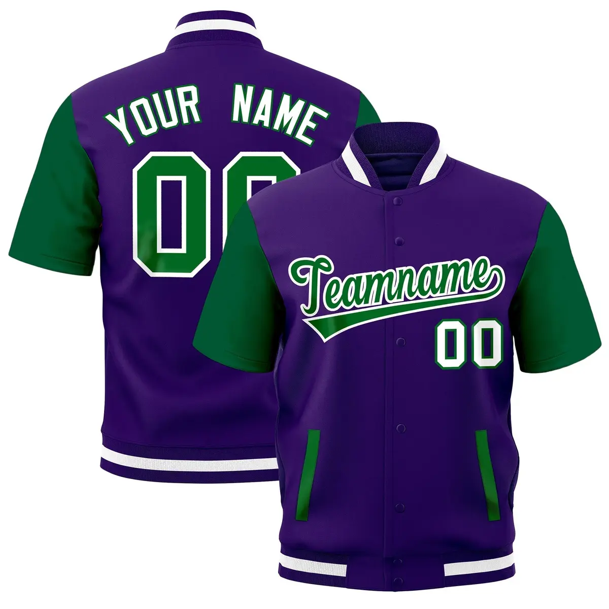 Kelly Green Purple White Full-Snap Short Sleeve Varsity Jacket