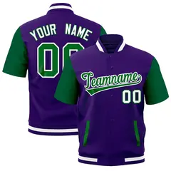 Kelly Green Purple White Full-Snap Short Sleeve Varsity Jacket 1