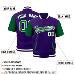 Kelly Green Purple White Full-Snap Short Sleeve Varsity Jacket 2