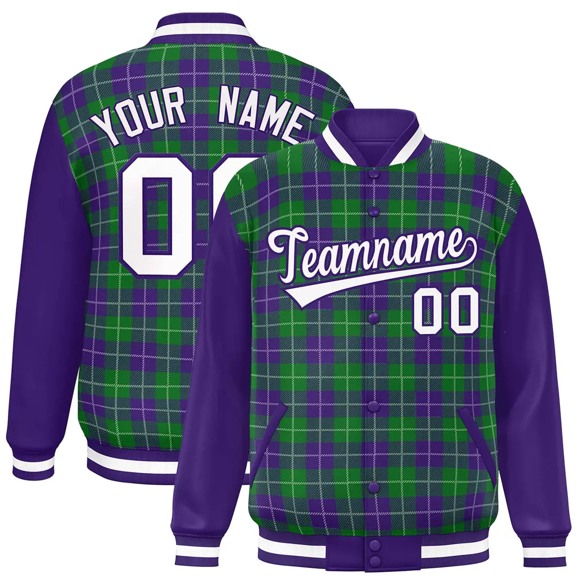 Kelly Green Purple-White Plaid Varsity Letterman Baseball Jacket