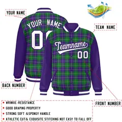 Kelly Green Purple-White Plaid Varsity Letterman Baseball Jacket 2
