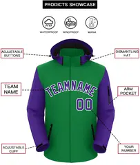 Kelly Green Purple-White Raglan Sleeves Waterproof Jacket 2