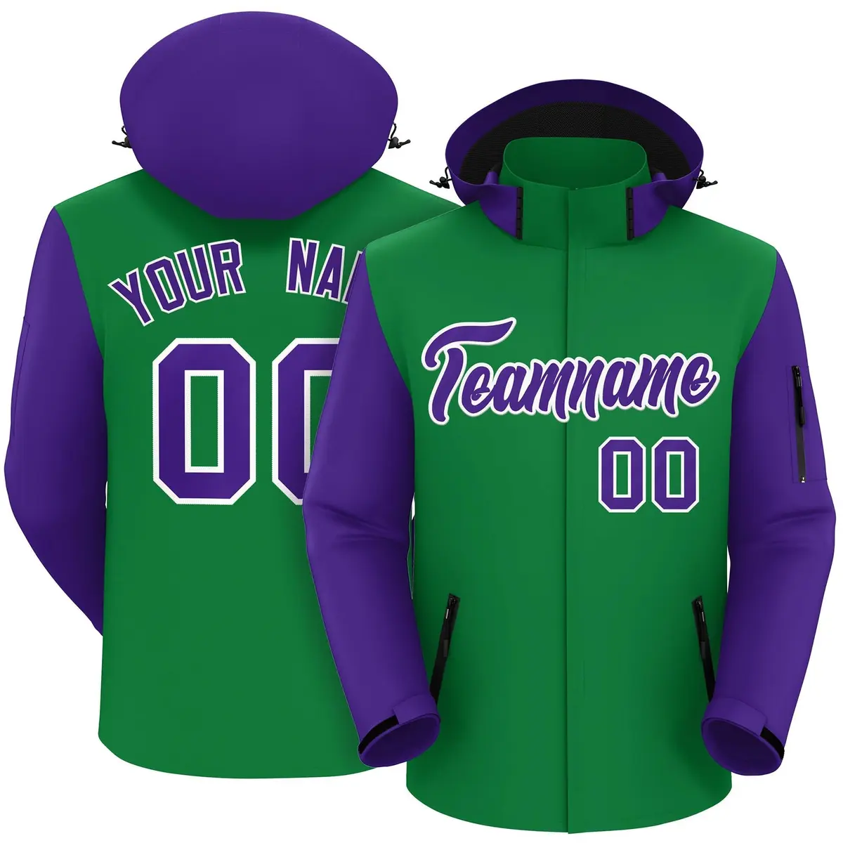 Kelly Green Purple-White Raglan Sleeves Waterproof Jacket