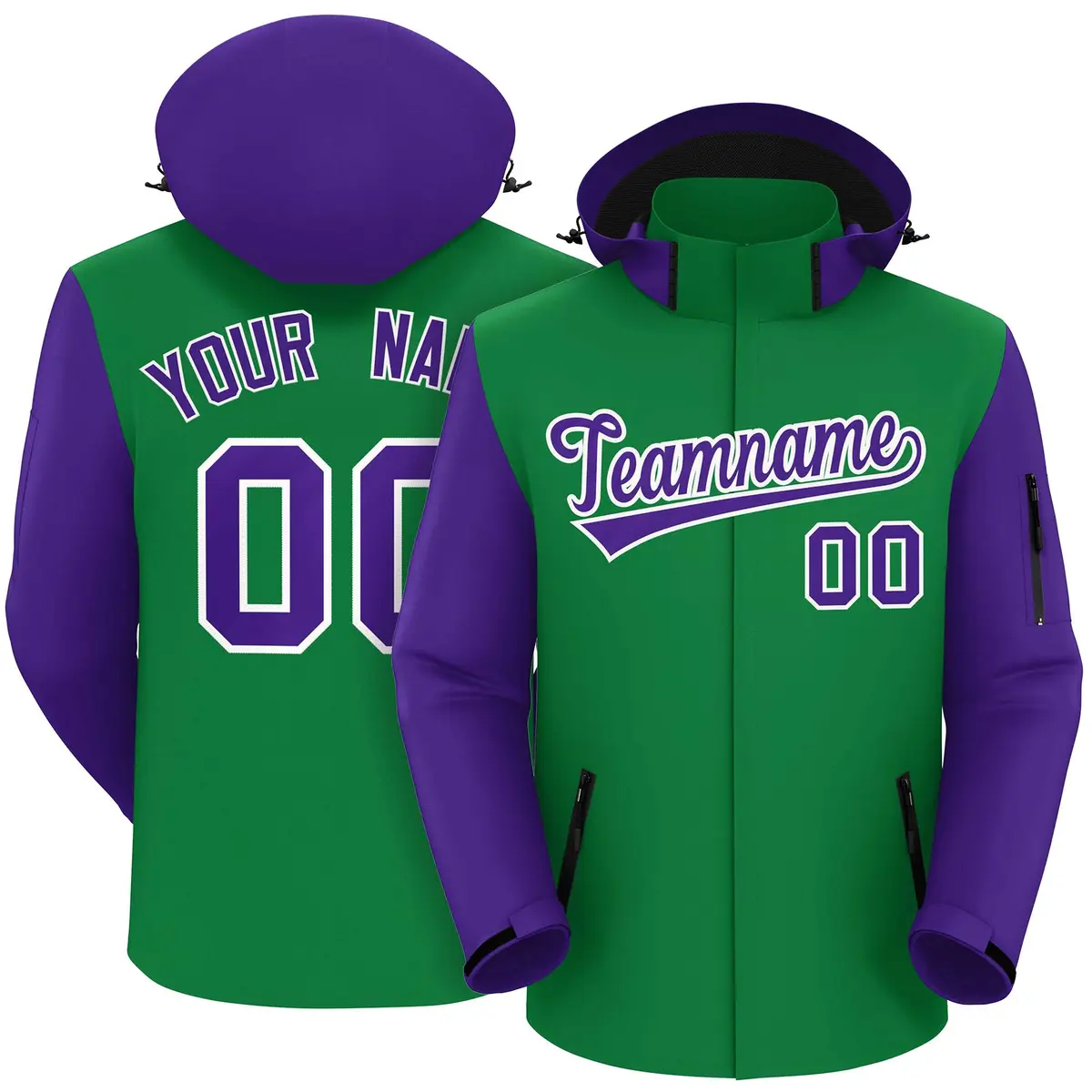 Kelly Green Purple-White Raglan Sleeves Waterproof Jacket
