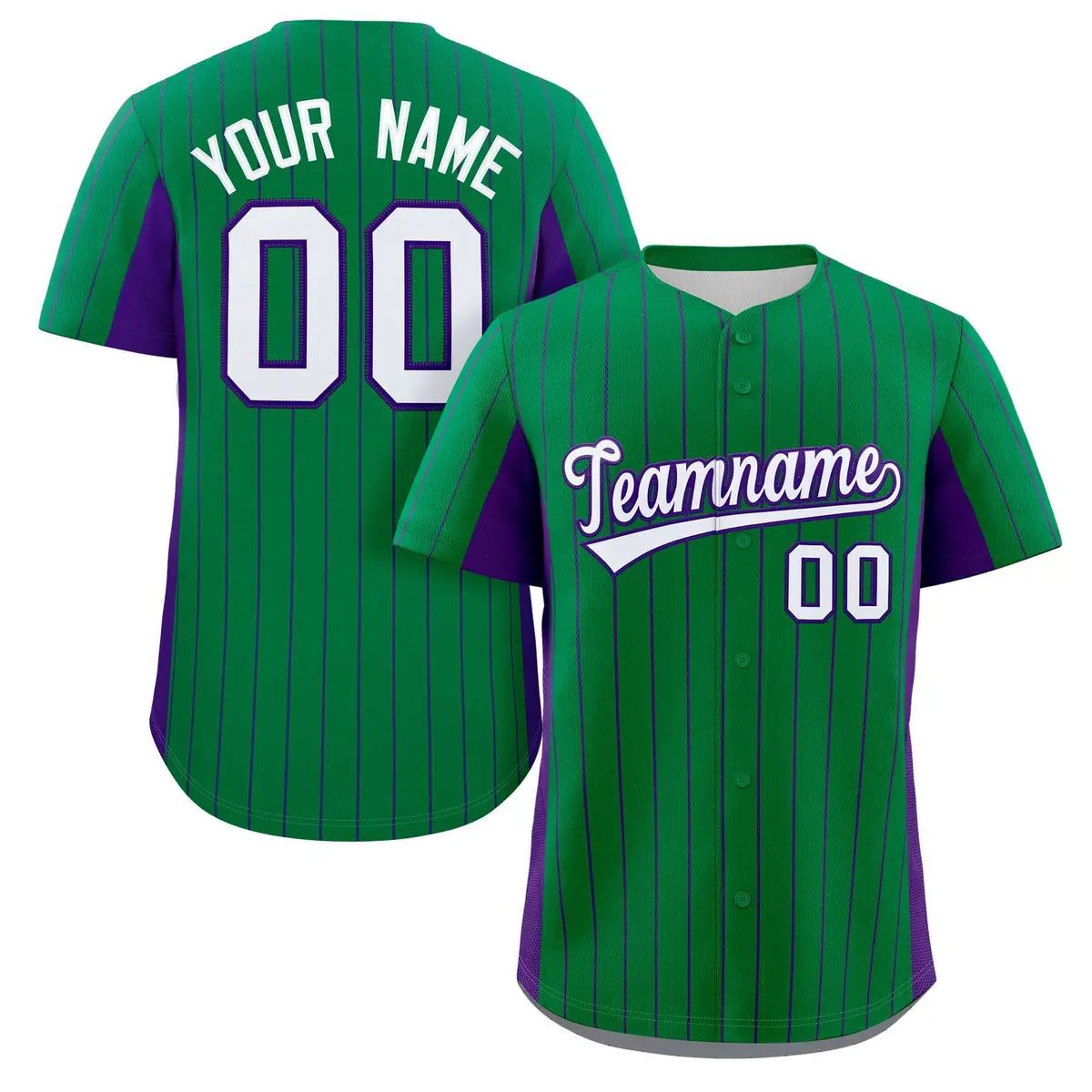 Kelly Green Purple-White Stripe Full Button Baseball Jersey