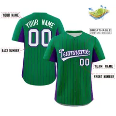 Kelly Green Purple-White Stripe Full Button Baseball Jersey 2
