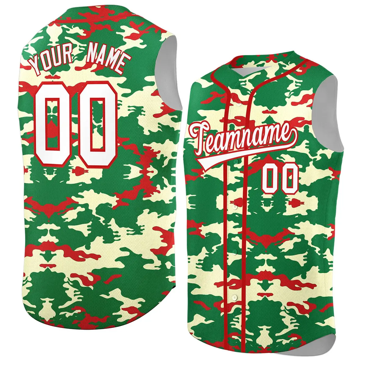 Kelly Green Red Camo Sleeveless Baseball Jersey