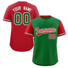 Kelly Green Red Color Block Raglan Sleeves Baseball Jersey 1