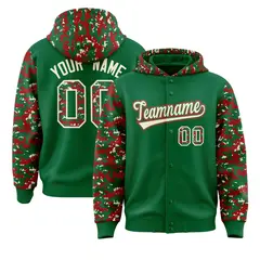 Kelly Green Red-Cream Camo Raglan Full-Snap Varsity Letterman Hoodie Jacket 1
