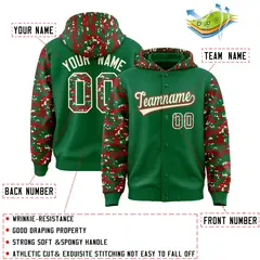 Kelly Green Red-Cream Camo Raglan Full-Snap Varsity Letterman Hoodie Jacket 4