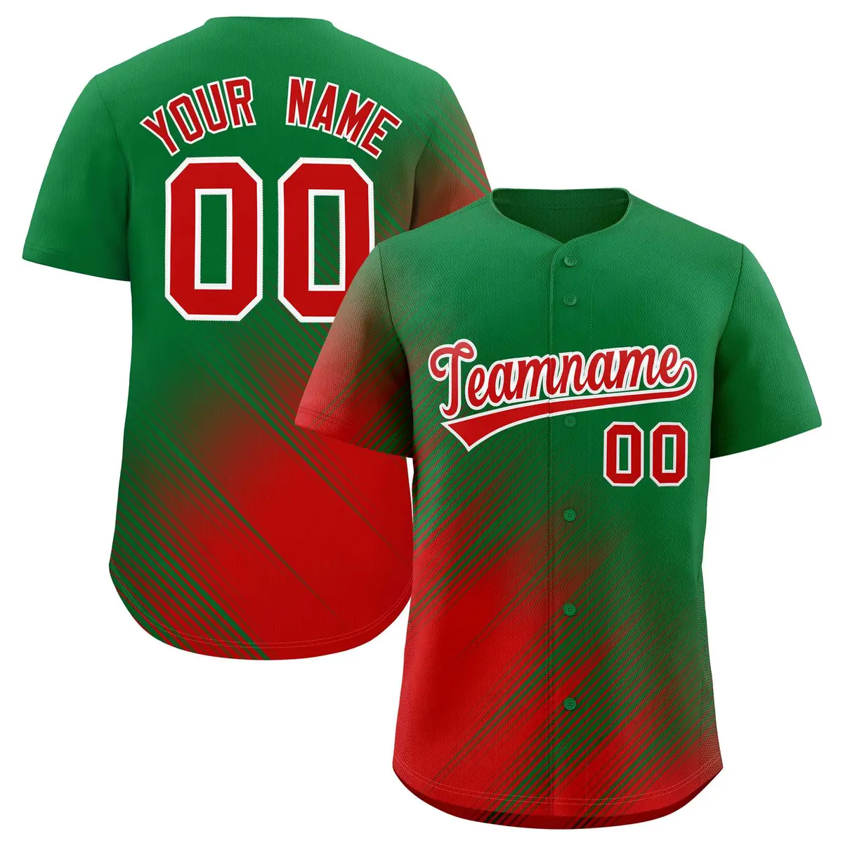 Kelly Green Red Diagonal Stripe Gradient Baseball Jersey