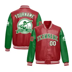Kelly Green Red Faux Leather Letterman Jacket Raglan Sleeves Full-Snap
