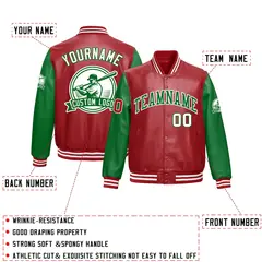 Kelly Green Red Faux Leather Letterman Jacket Raglan Sleeves Full-Snap 2