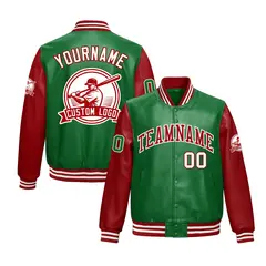 Kelly Green Red Faux Leather Letterman Jacket Raglan Sleeves Full-Snap 1