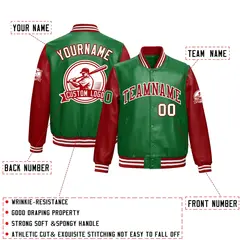 Kelly Green Red Faux Leather Letterman Jacket Raglan Sleeves Full-Snap 2