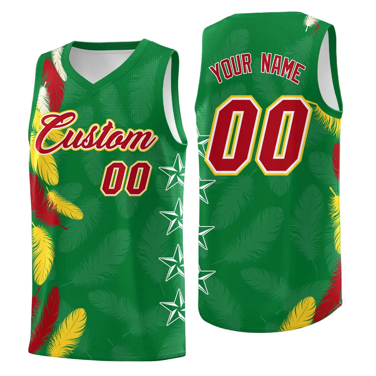 Kelly Green Red Feather Graffiti Pattern Basketball Jersey