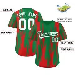 Kelly Green Red Flame Pattern Pullover Baseball Jersey 2