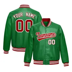 Kelly Green Red Full-Snap Faux Leather Varsity Letterman Jacket 1