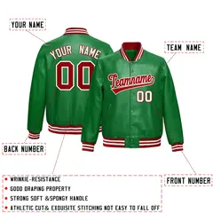 Kelly Green Red Full-Snap Faux Leather Varsity Letterman Jacket 2