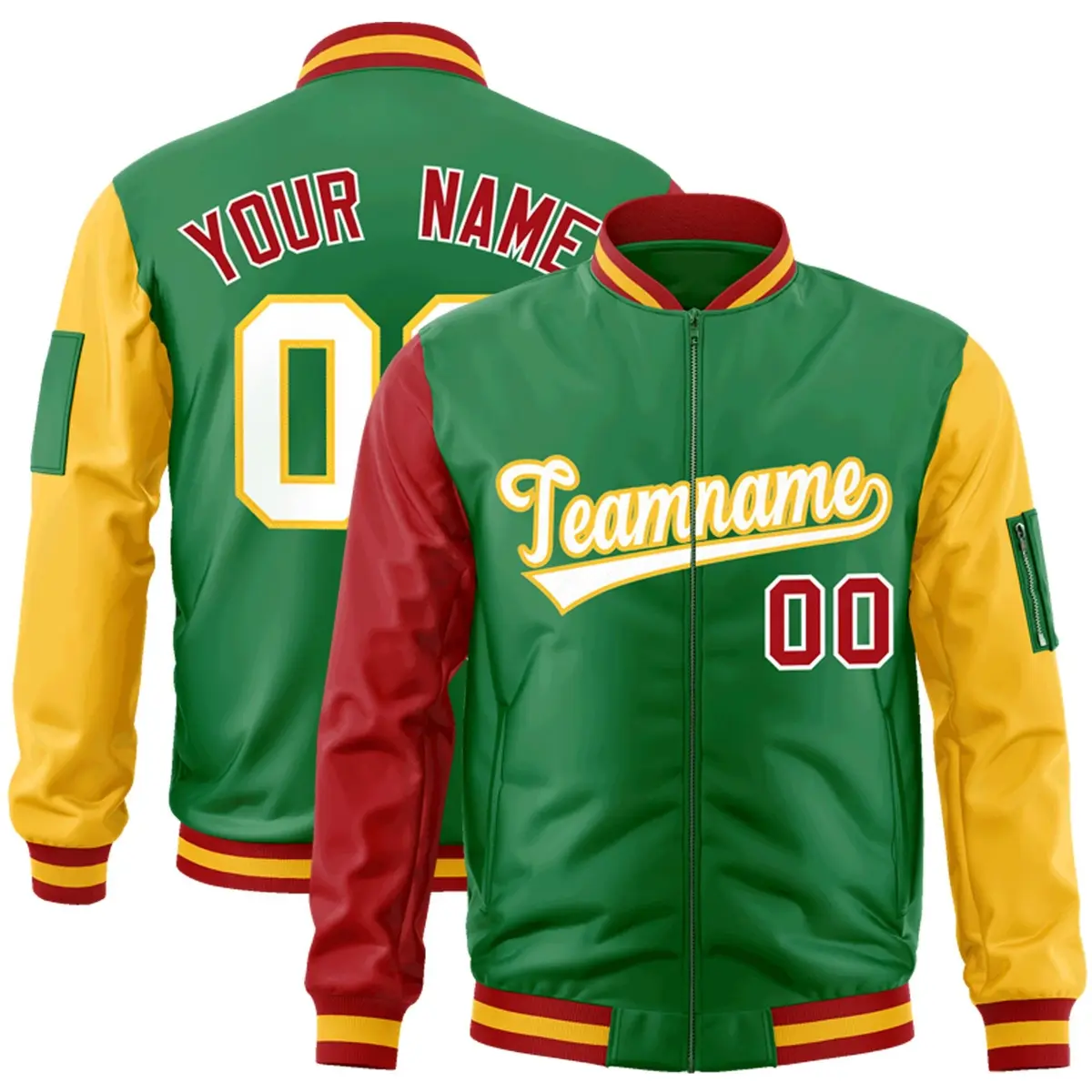Kelly Green Red-Gold Full-Zip Raglan Sleeves Letterman Bomber Jacket