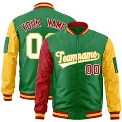 Kelly Green Red-Gold Full-Zip Raglan Sleeves Letterman Bomber Jacket