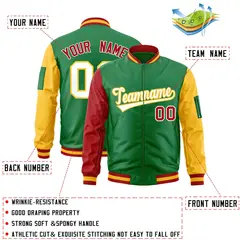 Kelly Green Red-Gold Full-Zip Raglan Sleeves Letterman Bomber Jacket 2