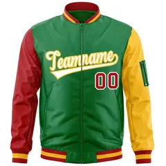 Kelly Green Red-Gold Full-Zip Raglan Sleeves Letterman Bomber Jacket 3
