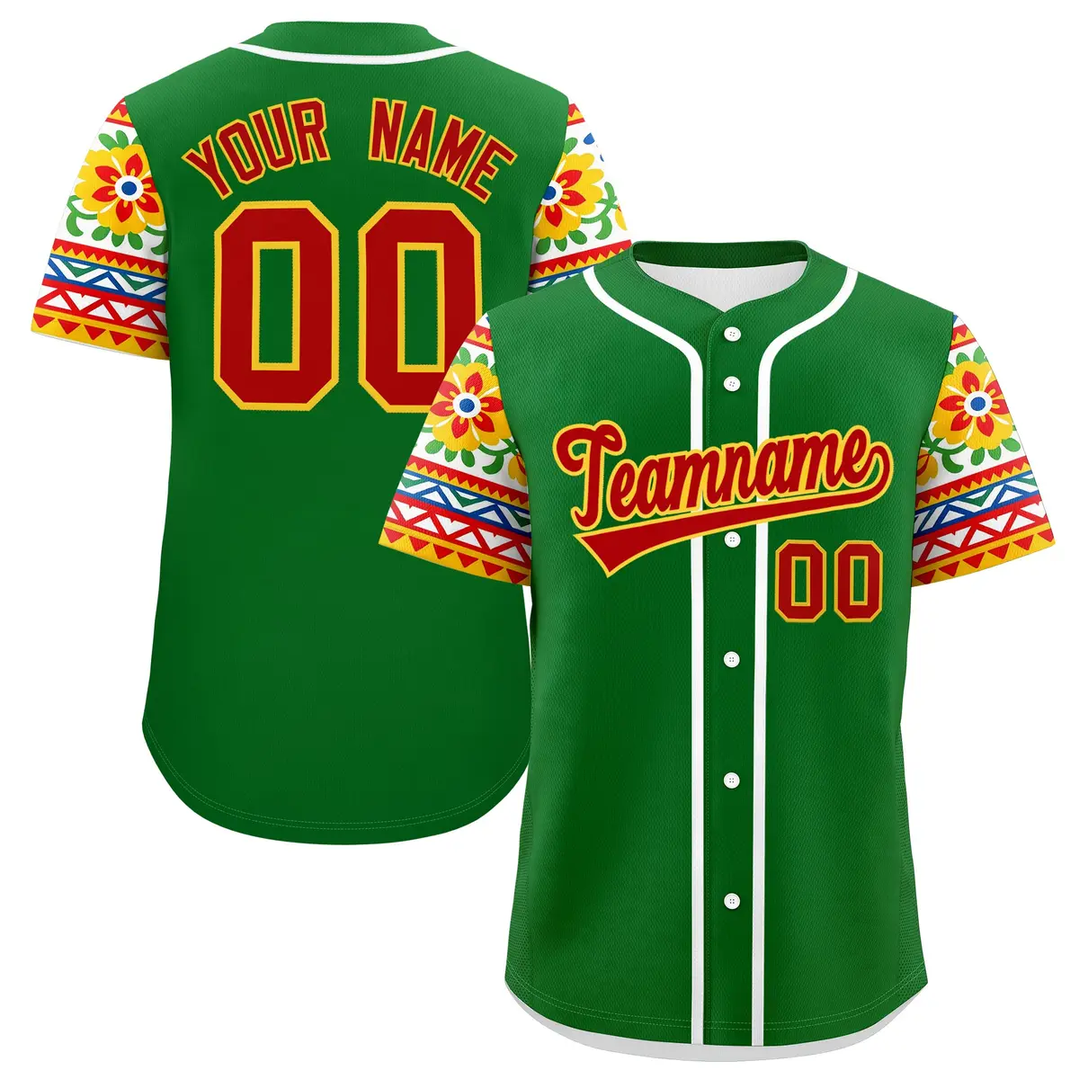 Kelly Green Red Gold Graffiti Mexican Style Baseball Jersey