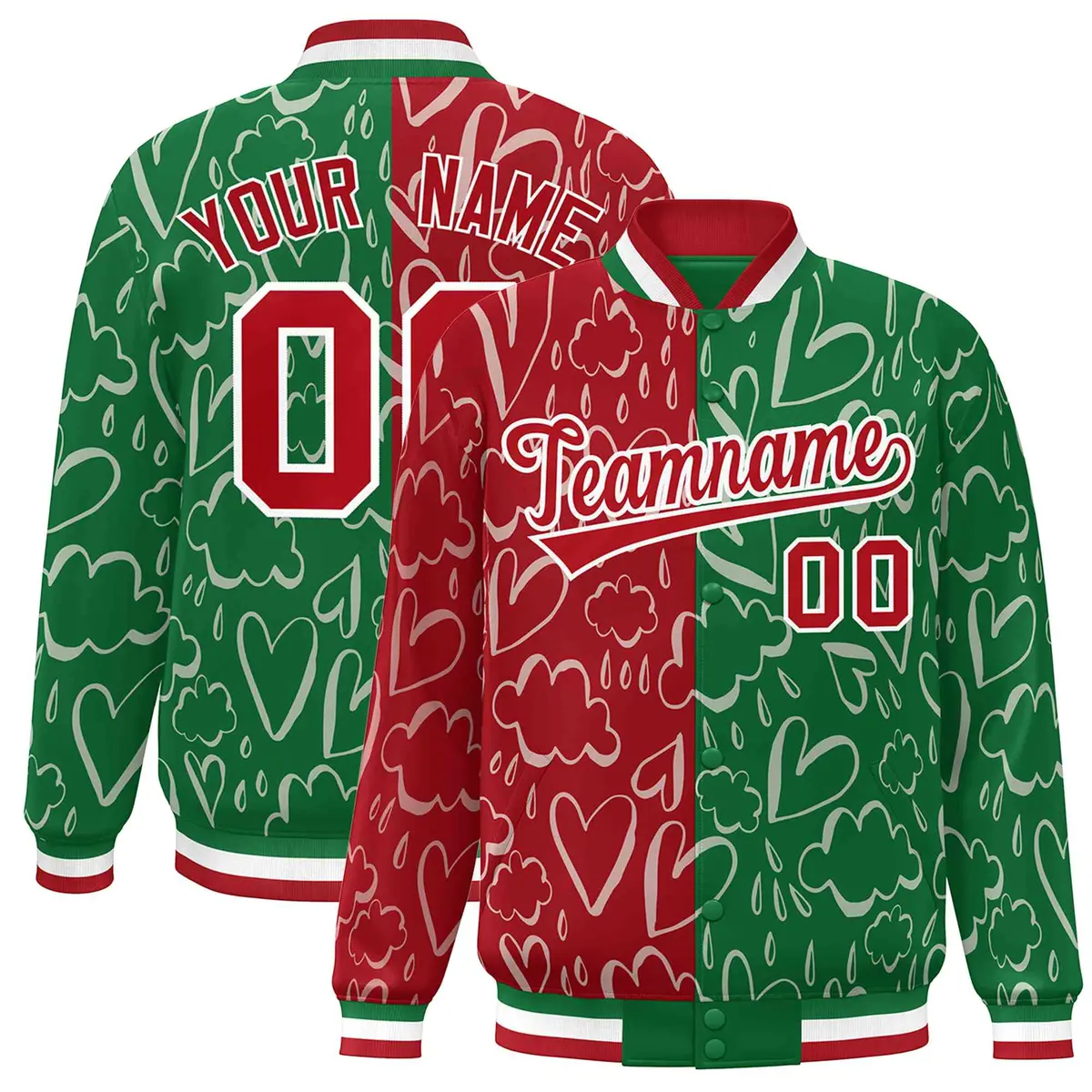 Kelly Green Red Graffiti Pattern Split Letterman Bomber Baseball Jacket