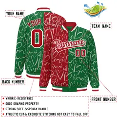 Kelly Green Red Graffiti Pattern Split Letterman Bomber Baseball Jacket 2