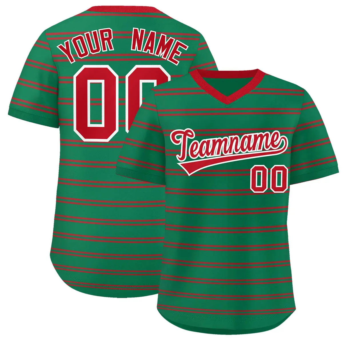 Kelly Green Red Horizontal Stripe Pullover Baseball Jersey