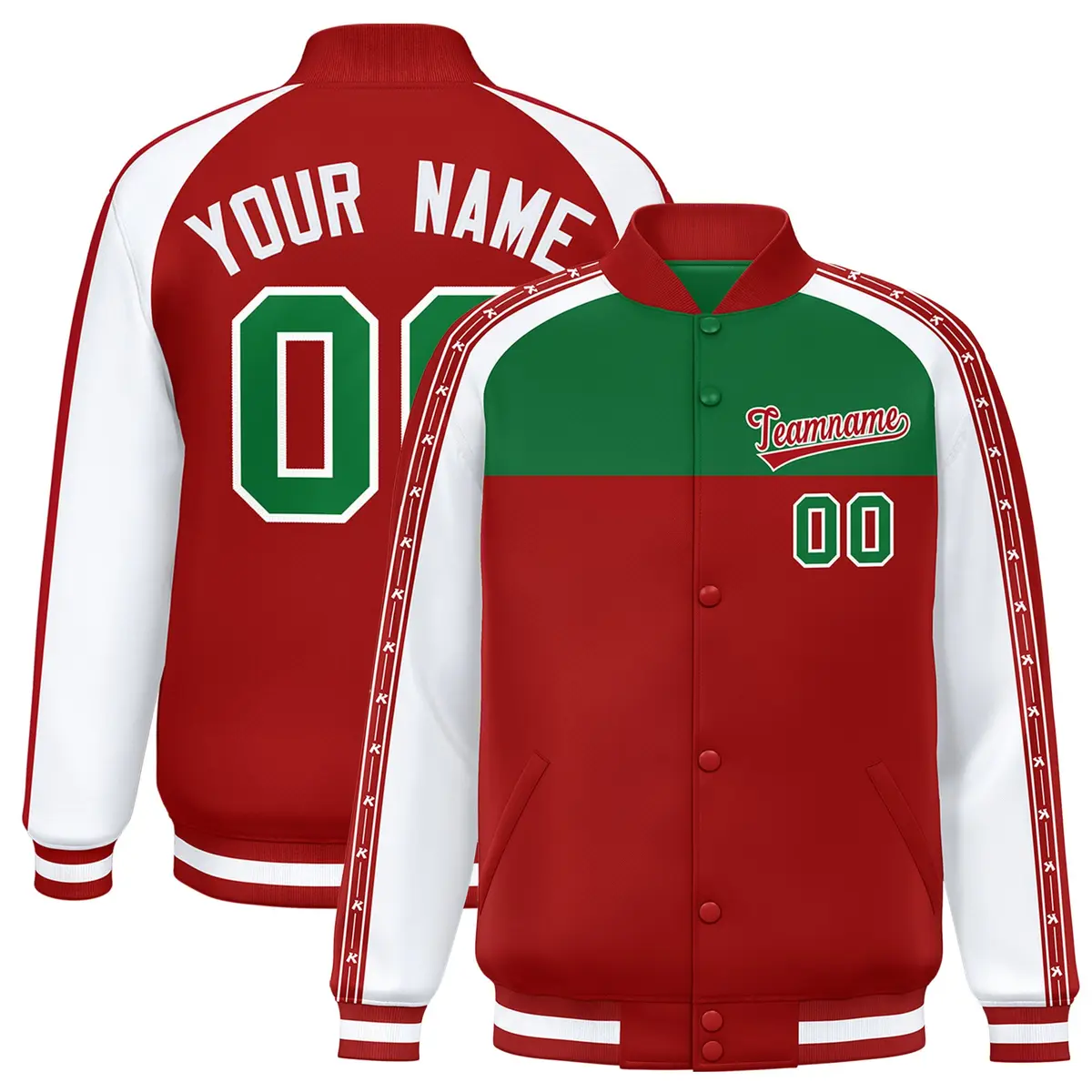 Kelly Green Red K-Ribbon Raglan Color Block Varsity Letterman Jacket