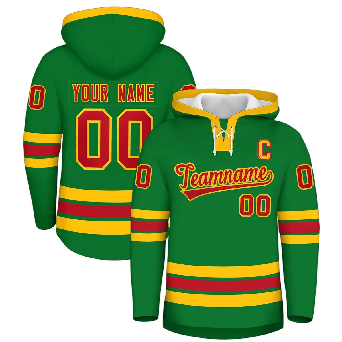 Kelly Green Red Lace-Up Neck Hockey Hoodie Classic Style